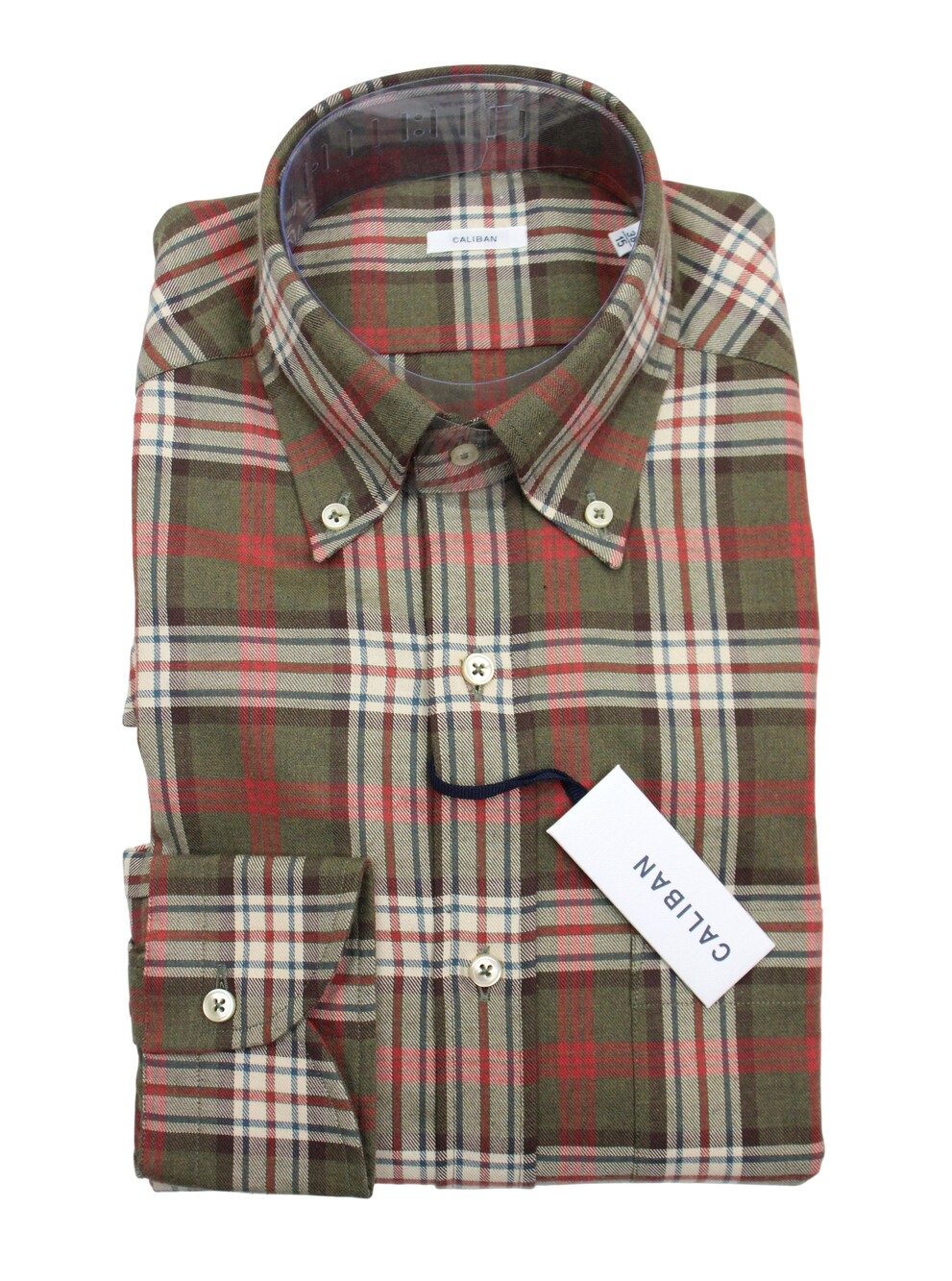 Caliban Shirt Mens 15 38 Green Red Plaid Button Down Long Sleeve Cotton Italy
